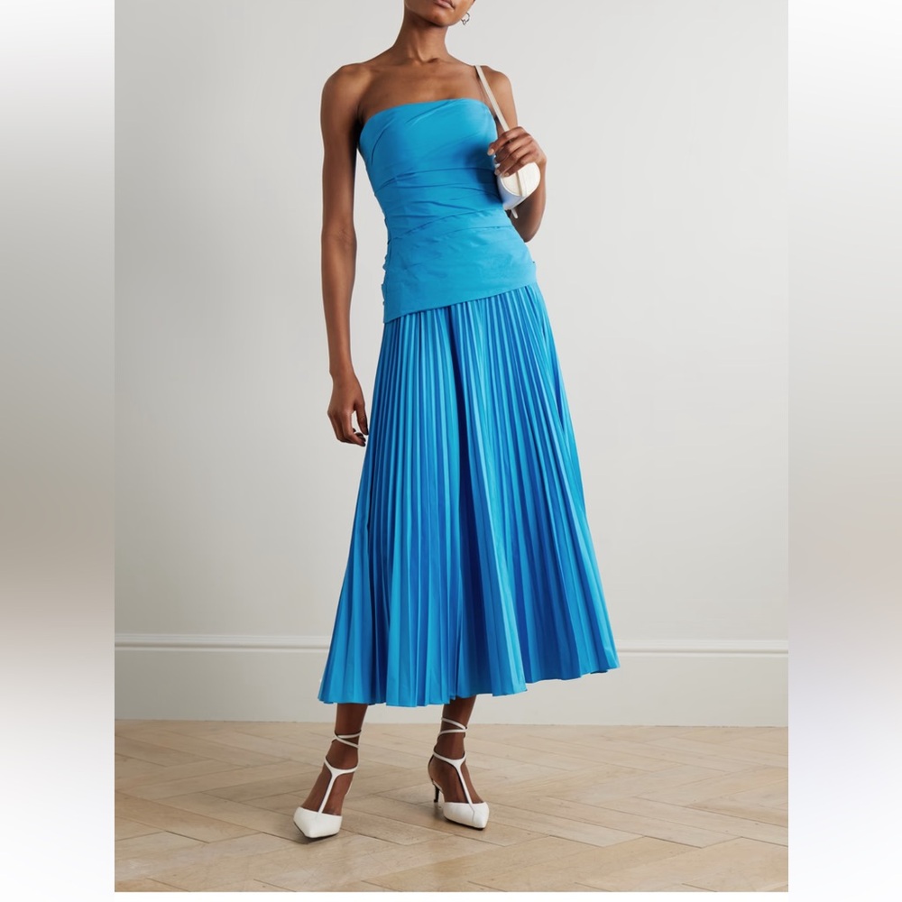 Simkhai Strapless Bustier Midi Dress in Oasis Blue. Size 8
